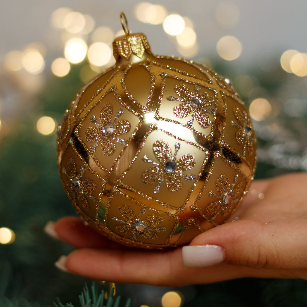 Gold with gold glitter design Christmas glass ornament, Handmade Christmas ball, Collectible Christmas decor, home decoration, Christmas gift 2025