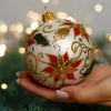 White Glass Christmas Ornament with Poinsettia, Holly & Gold Bead Embellishments, Handmade Christmas ball, Collectible Christmas decor, home decoration, Christmas gift 2025