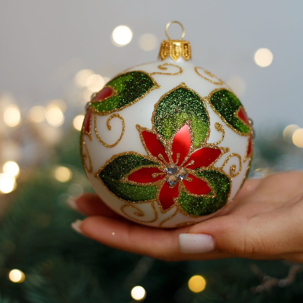 White with gold glitter flower design Christmas glass ornament, Handmade Christmas ball, Collectible Christmas decor, home decoration, Christmas gift 2025