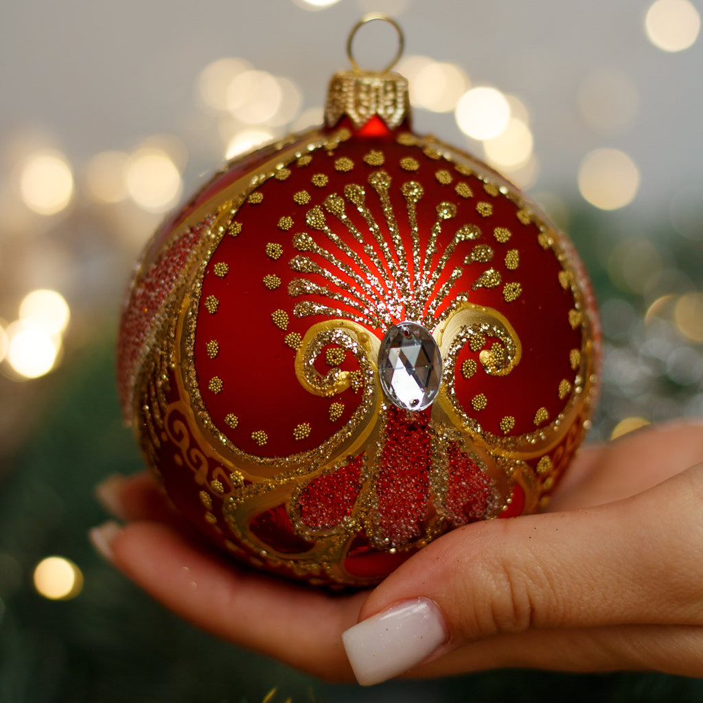 Royal red with gold glitter Christmas glass ornament, Handmade Christmas ball, Collectible Christmas decor, home decoration, Christmas gift 2025 