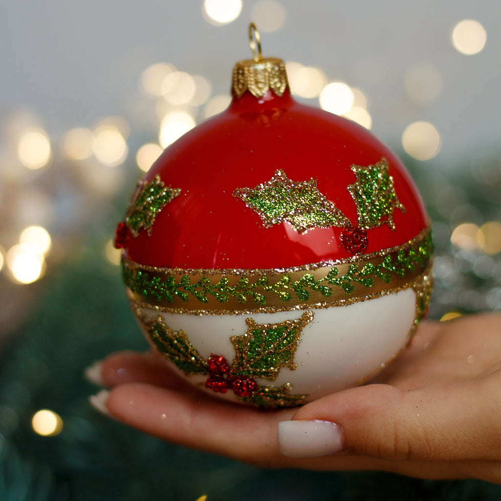 Red and white with green leaves glitter design Christmas glass ornament, Handmade Christmas ball, Collectible Christmas decor, home decoration, Christmas gift 2025