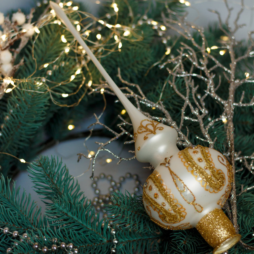 White and Gold with Baroque Glitter Ornament Handmade Glass Christmas Tree Topper – 11 Inch Vintage Ornament, home decor, Christmas decoration, Christmas gift 2025