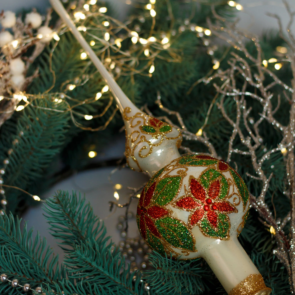 White with red and green glitter Ornament Handmade Glass Christmas Tree Topper – 11 Inch Vintage Ornament, home decor, Christmas decoration, Christmas gift 2025