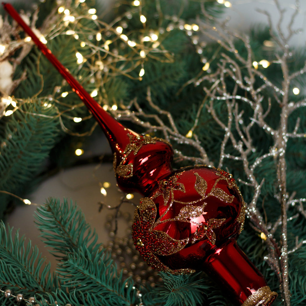 Red with Gold glitter Ornament Handmade Glass Christmas Tree Topper – 11 Inch Vintage Ornament, home decor, Christmas decoration, Christmas gift 2025