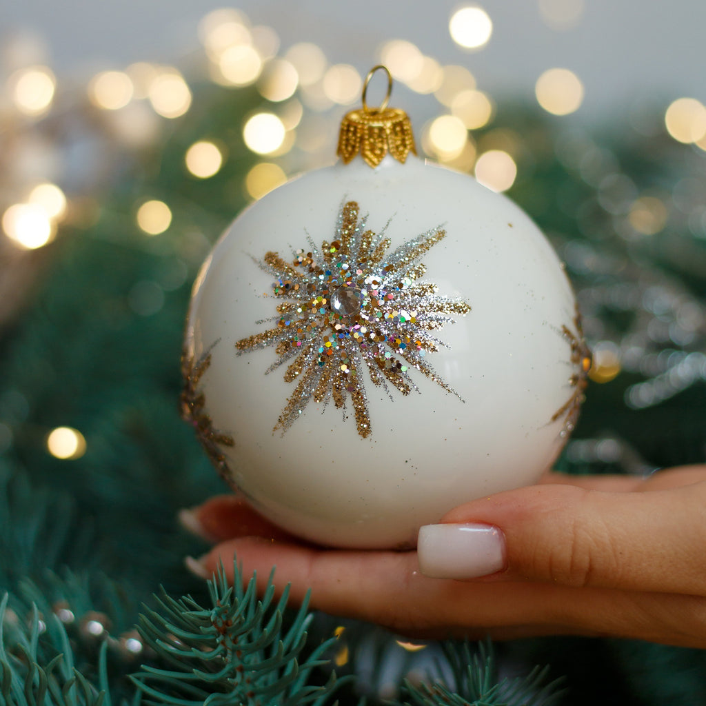 Royal white with gold glitter Christmas glass ornament, Handmade Christmas ball, Collectible Christmas decor, home decoration, Christmas gift 2025