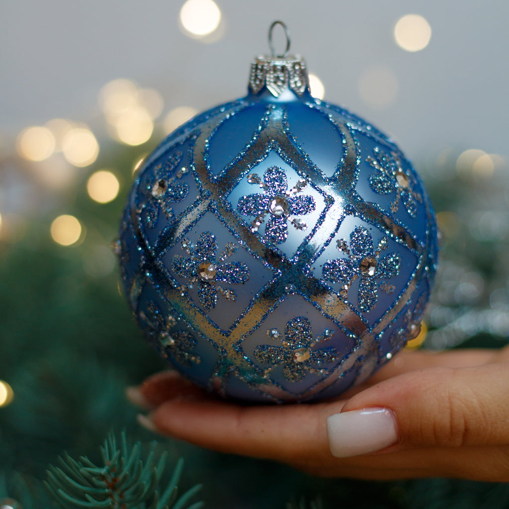 Blue with silver glitter design Christmas glass ornament, Handmade Christmas ball, Collectible Christmas decor, home decoration, Christmas gift 2025 
