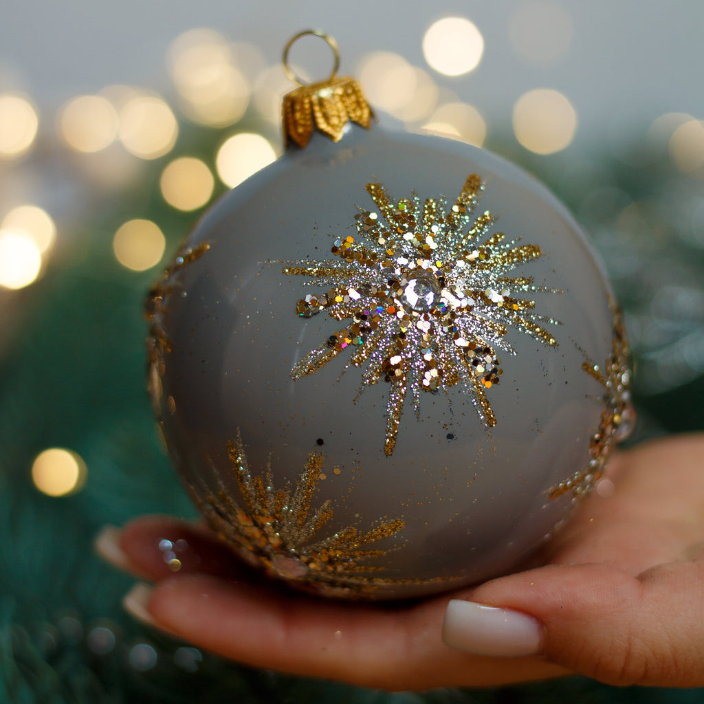Royal gray with gold glitter Christmas glass ornament, Handmade Christmas ball, Collectible Christmas decor, home decoration, Christmas gift 2025