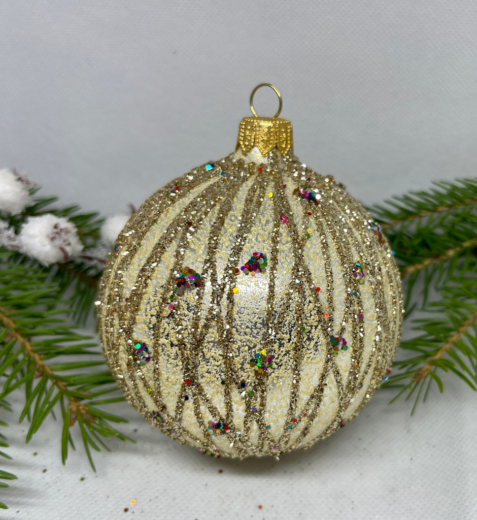 Beige with gold glitter glass ball Christmas ornament, handmade XMAS decoration ChristmasboxStore