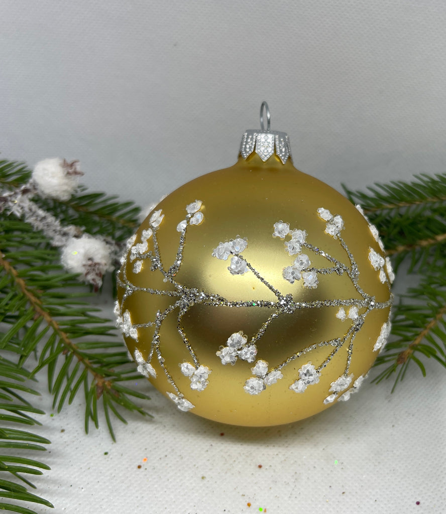 Gold with white and silver glitter glass ball Christmas ornament, handmade XMAS decoration ChristmasboxStore