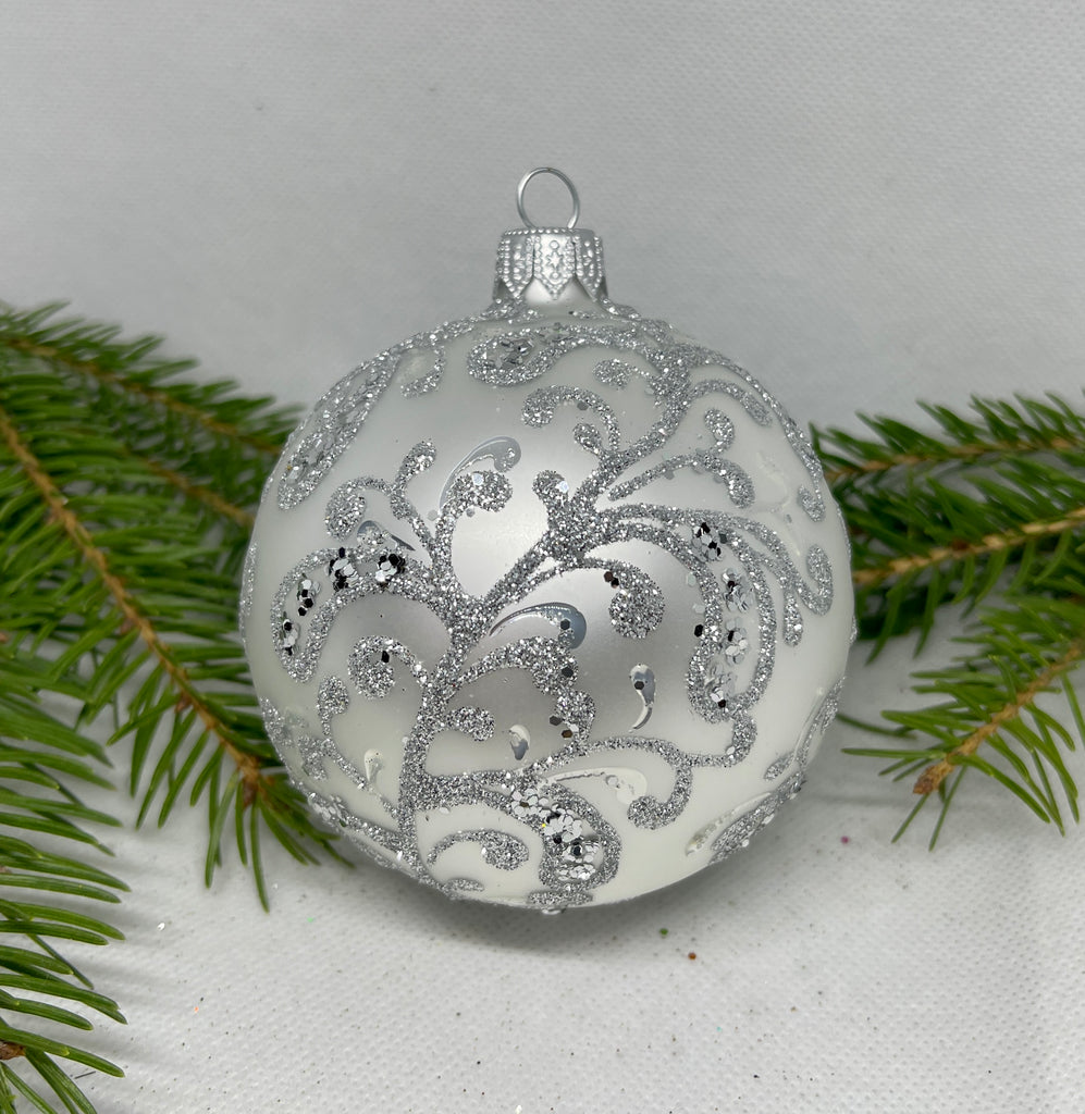 Silver with silver glitter glass ball Christmas ornament, handmade XMAS decoration ChristmasboxStore