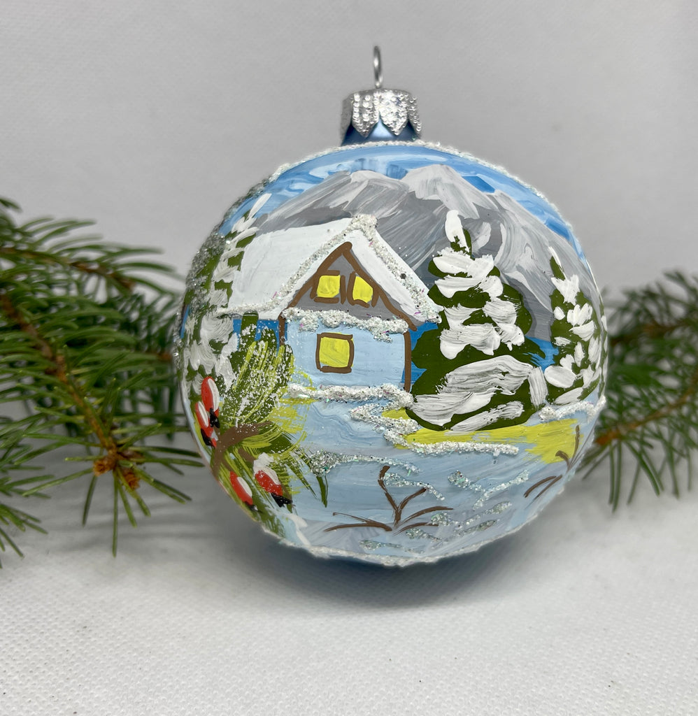 Winter hut among trees under the mountain glass ball Christmas ornament, Hand painted decoration ChristmasboxStore