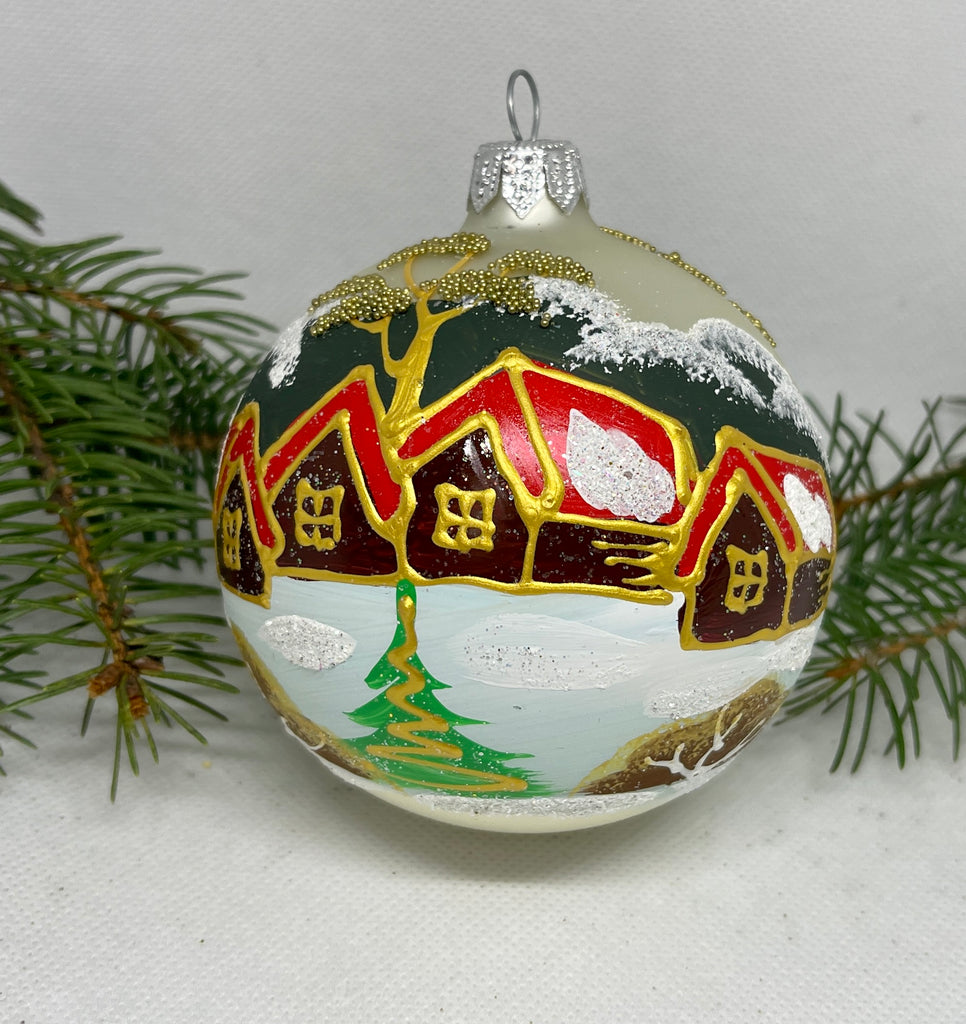 Winter huts among trees under the mountain glass ball Christmas ornament, Hand painted decoration ChristmasboxStore