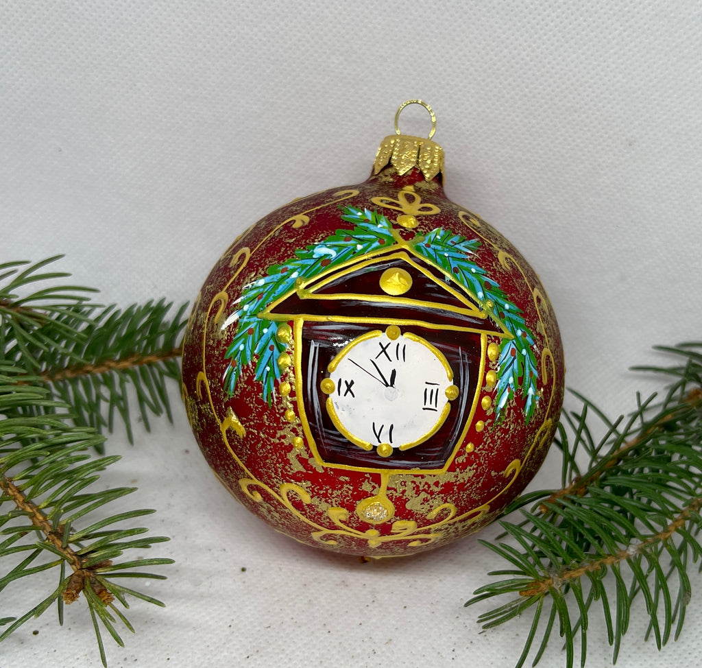 Cuckoo clock red glitter glass ball Christmas ornament, handmade XMAS decoration ChristmasboxStore