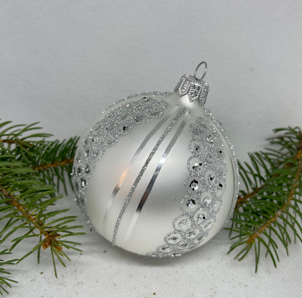 White with silver glitter glass ball Christmas ornament, handmade XMAS decoration ChristmasboxStore