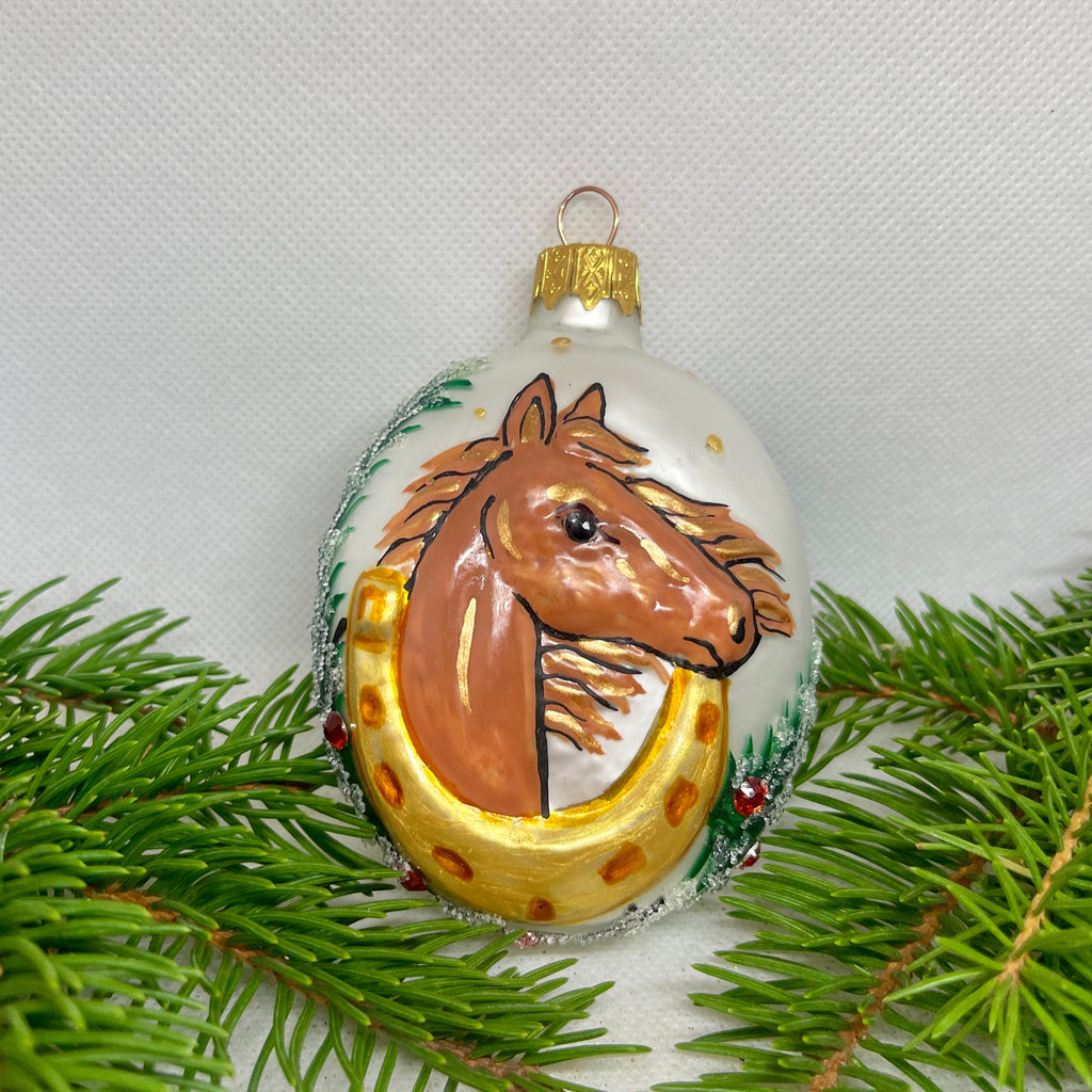 Horse & Horseshoe Christmas glass ornament, Handmade Christmas figurines, Collectible Christmas decor, home decoration, Christmas gift 2025
