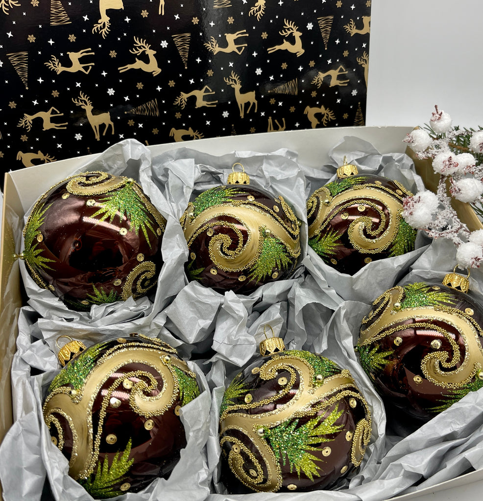 Set of 6 brown with gold and green Christmas glass balls, hand painted ornaments with gifted box, Handcrafted Xmas decorations ChristmasboxStore