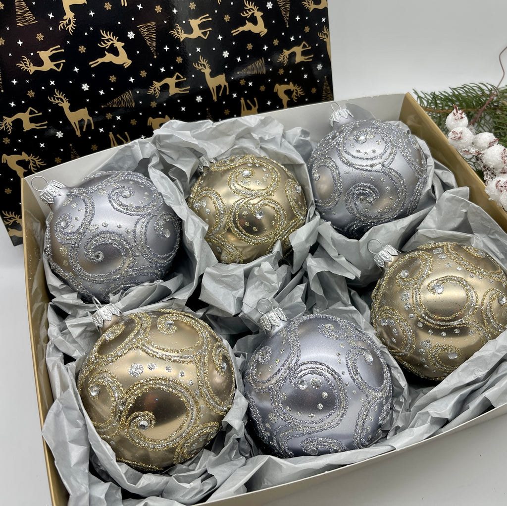 Set of gold and silver Christmas glass balls, hand painted ornaments with gifted box, Handcrafted Xmas decorations ChristmasboxStore