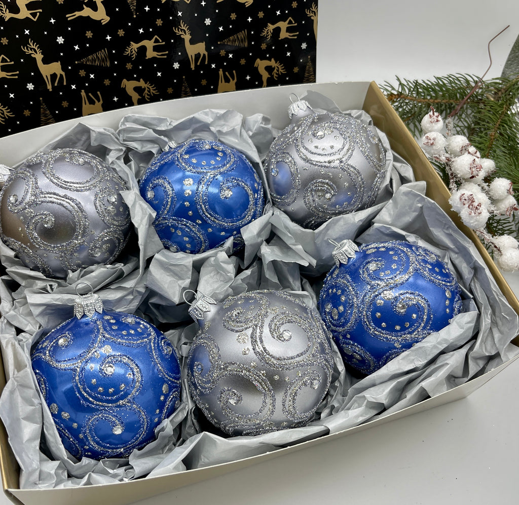 Set of blue and silver Christmas glass balls, hand painted ornaments with gifted box, Handcrafted Xmas decorations ChristmasboxStore
