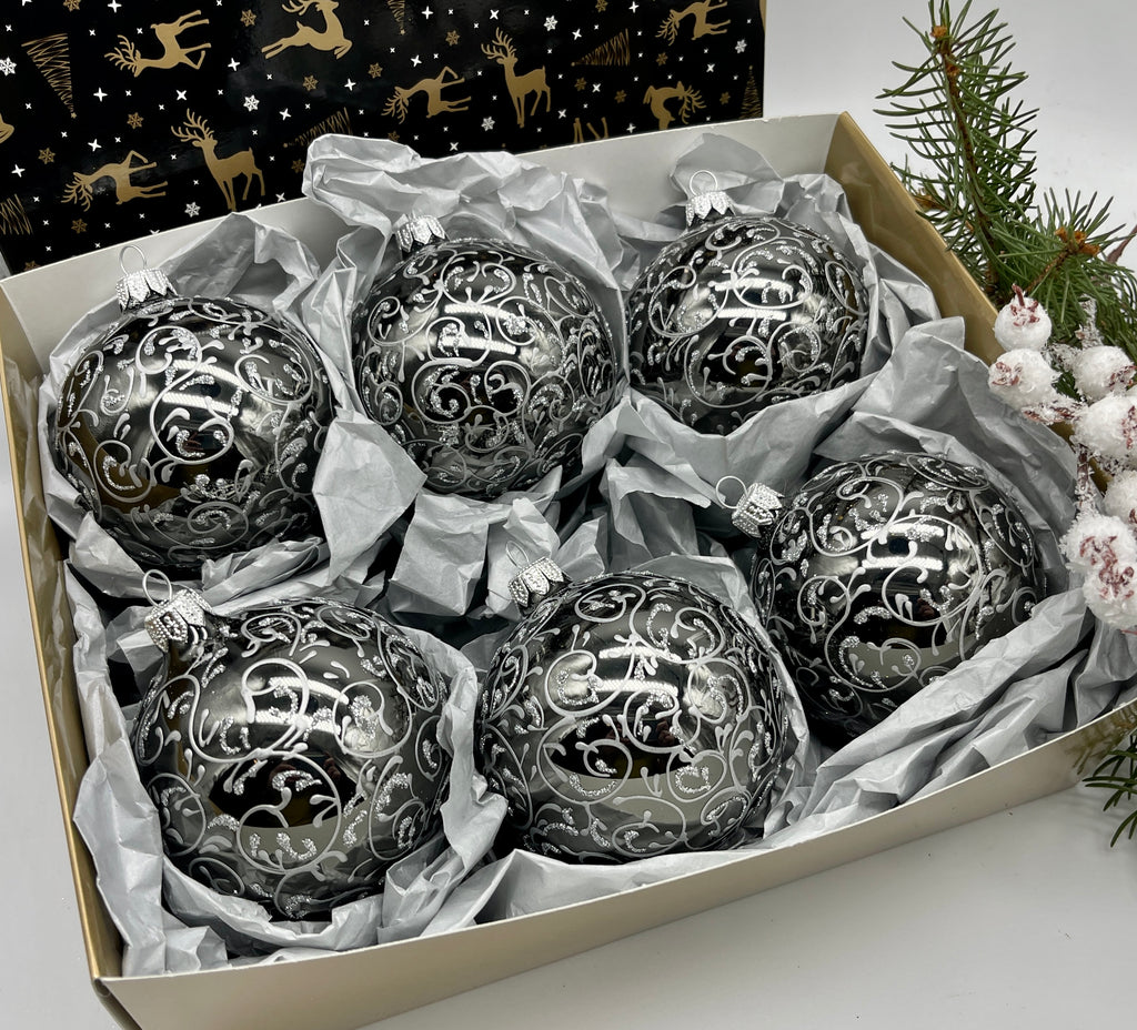 Set of 6 black and silver Christmas glass balls, hand painted ornaments with gifted box, Handcrafted Xmas decorations ChristmasboxStore