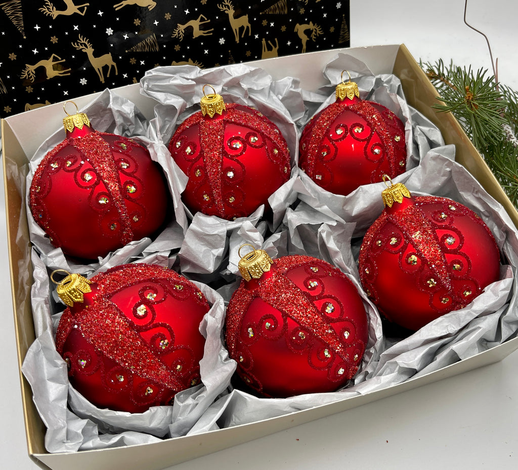 Set of 6 red with glitter Christmas glass balls, hand painted ornaments with gifted box, Handcrafted Xmas decorations ChristmasboxStore