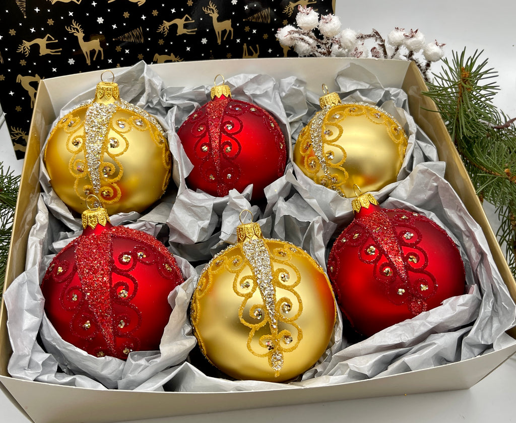 Set of red and gold Christmas glass balls, hand painted ornaments with gifted box, Handcrafted Xmas decorations ChristmasboxStore