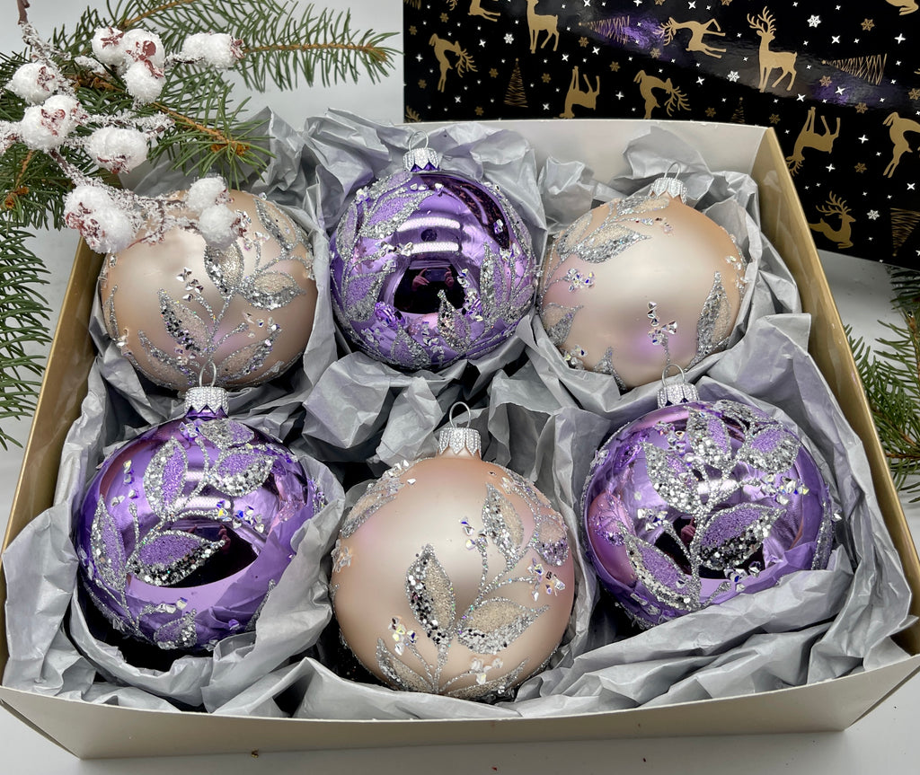 Set of pink and purple Christmas glass balls, hand painted ornaments with gifted box, Handcrafted Xmas decorations ChristmasboxStore