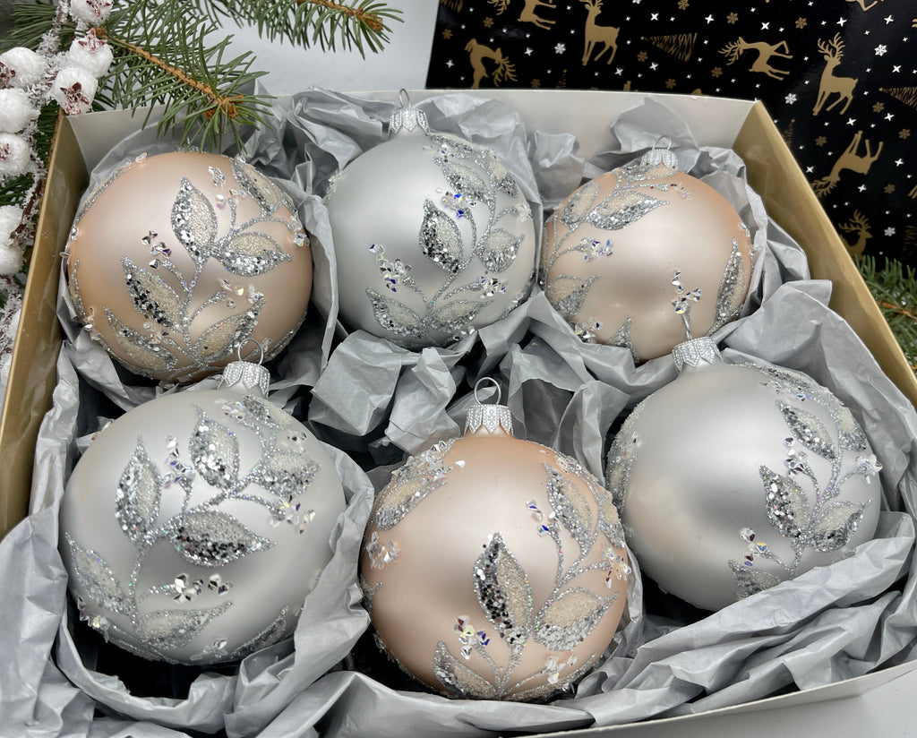 Set of pink and silver Christmas glass balls, hand painted ornaments with gifted box, Handcrafted Xmas decorations ChristmasboxStore
