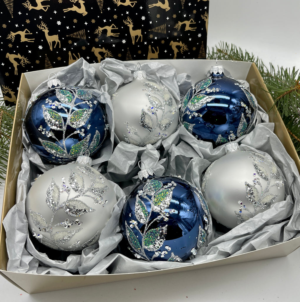 Set of blue and silver Christmas glass balls, hand painted ornaments with gifted box, Handcrafted Xmas decorations ChristmasboxStore