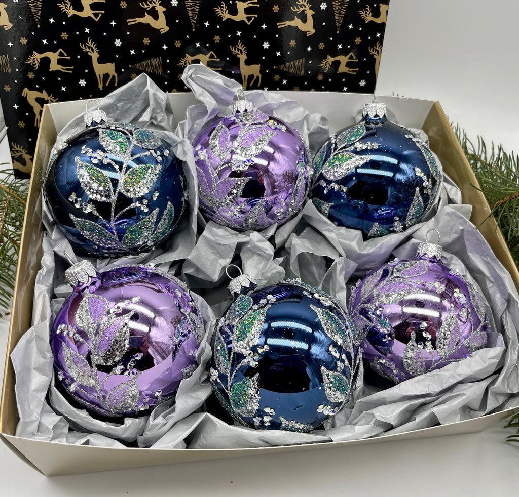Set of blue and violet Christmas glass balls, hand painted ornaments with gifted box, Handcrafted Xmas decorations ChristmasboxStore