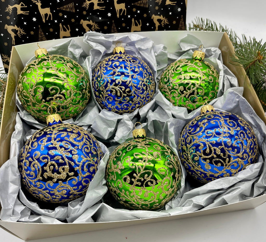 Set of green and blue Christmas glass balls, hand painted ornaments with gifted box, Handcrafted Xmas decorations ChristmasboxStore