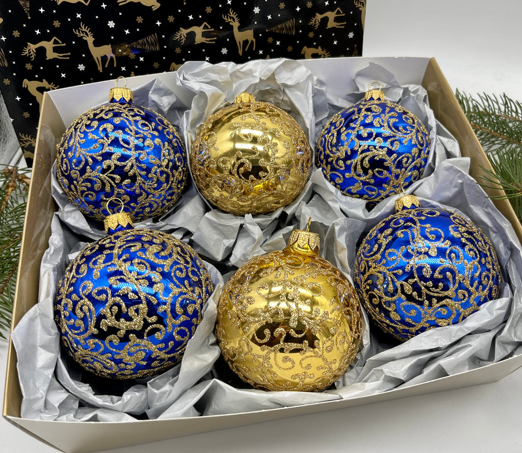 Set of gold and blue Christmas glass balls, hand painted ornaments with gifted box, Handcrafted Xmas decorations ChristmasboxStore