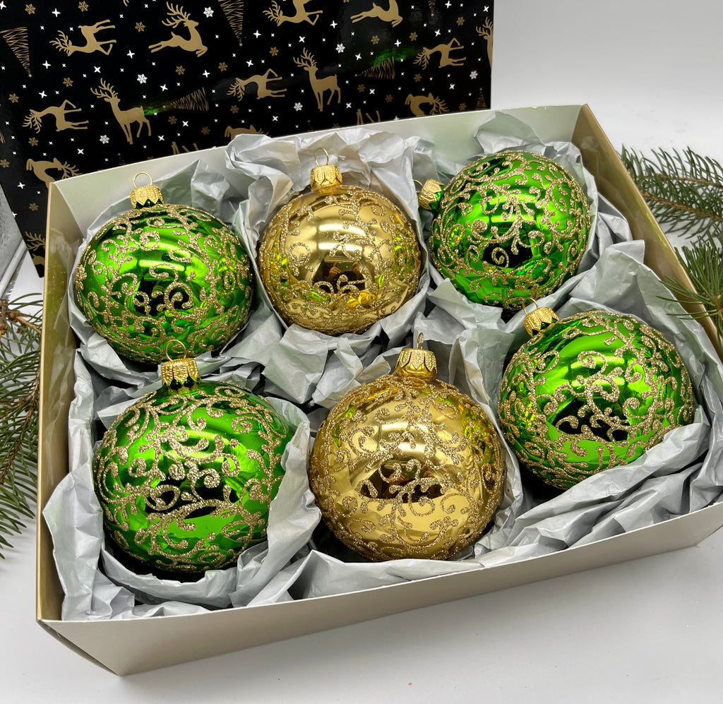 Set of gold and green Christmas glass balls, hand painted ornaments with gifted box, Handcrafted Xmas decorations ChristmasboxStore