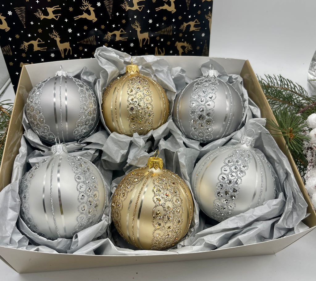 Set of silver and gold Christmas glass balls, hand painted ornaments with gifted box, Handcrafted Xmas decorations ChristmasboxStore