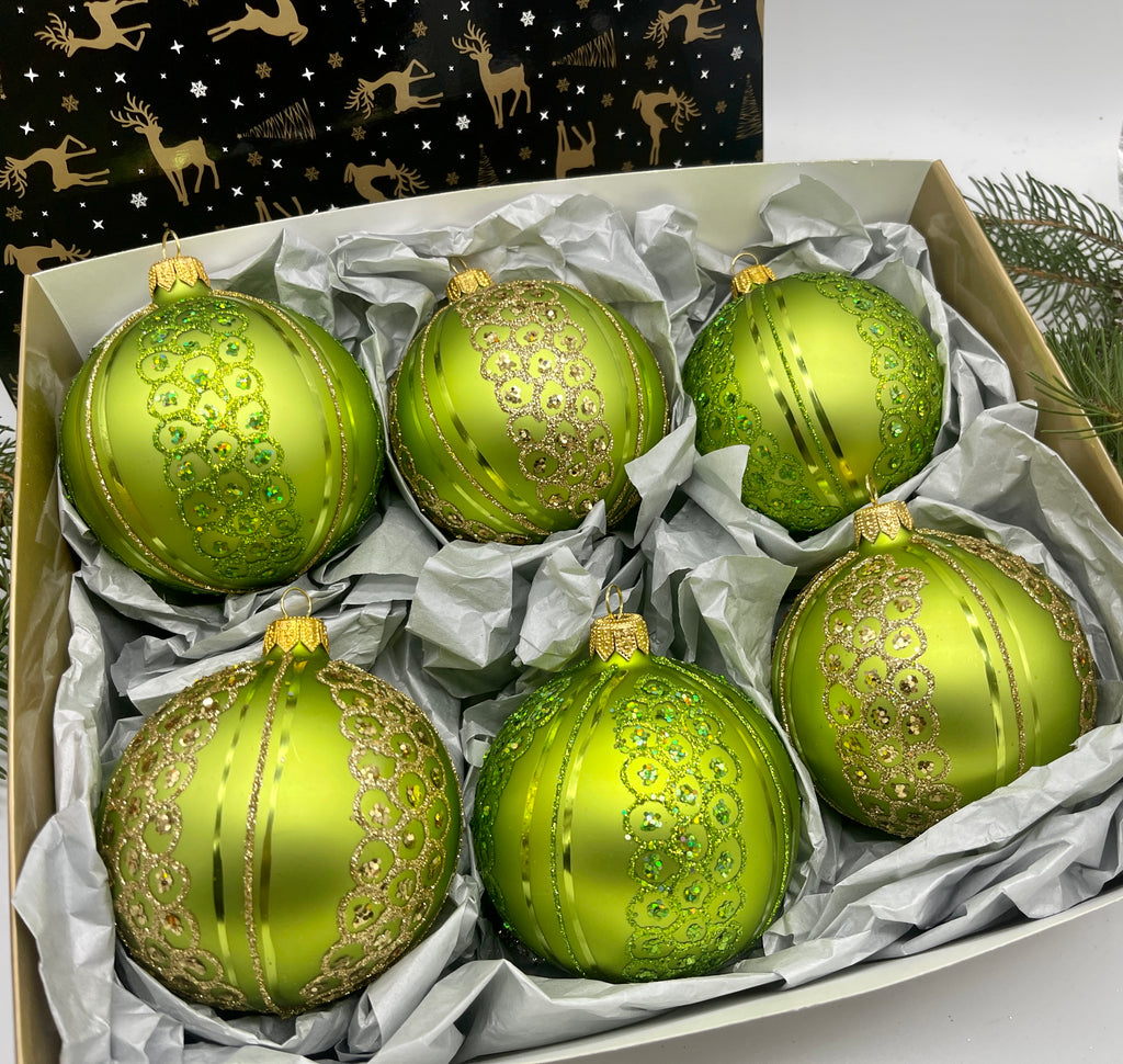 Set of 6 green with glitter Christmas glass balls, hand painted ornaments with gifted box, Handcrafted Xmas decorations ChristmasboxStore