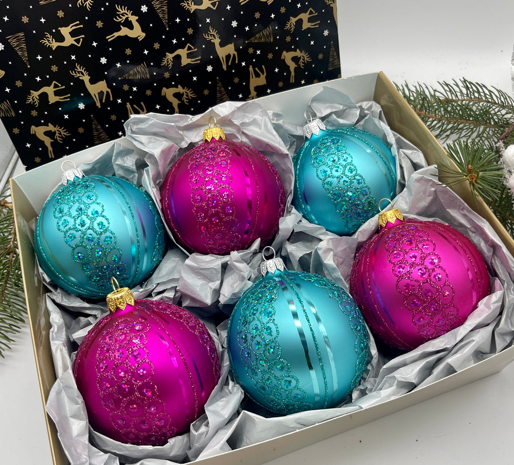 Set of blue and purple Christmas glass balls, hand painted ornaments with gifted box, Handcrafted Xmas decorations ChristmasboxStore