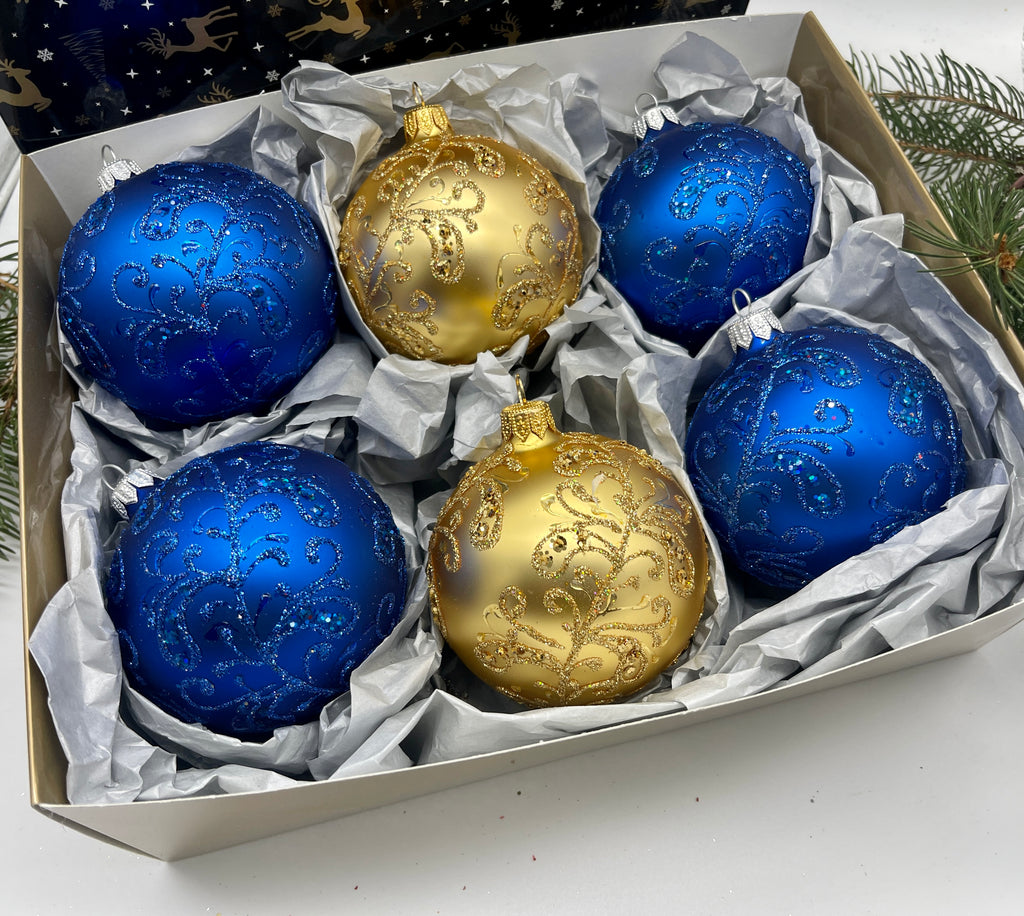 Set of blue and gold Christmas glass balls, hand painted ornaments with gifted box, Handcrafted Xmas decorations ChristmasboxStore