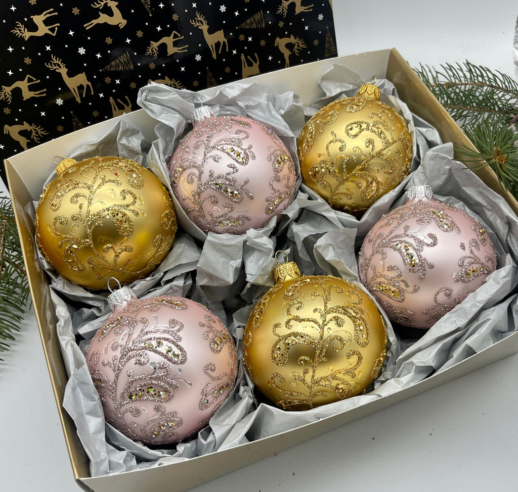 Set of pink and gold Christmas glass balls, hand painted ornaments with gifted box, Handcrafted Xmas decorations ChristmasboxStore