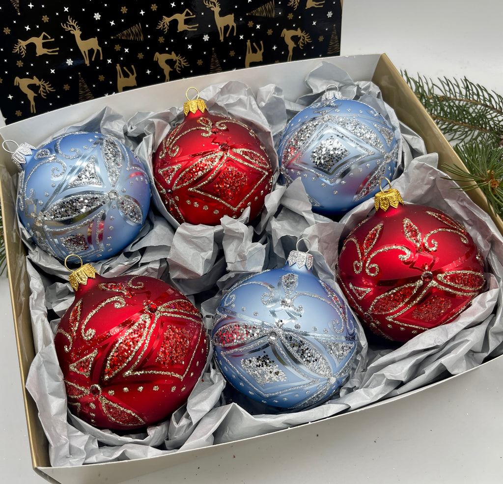Set of red and light blue Christmas glass balls, hand painted ornaments with gifted box, Handcrafted Xmas decorations ChristmasboxStore