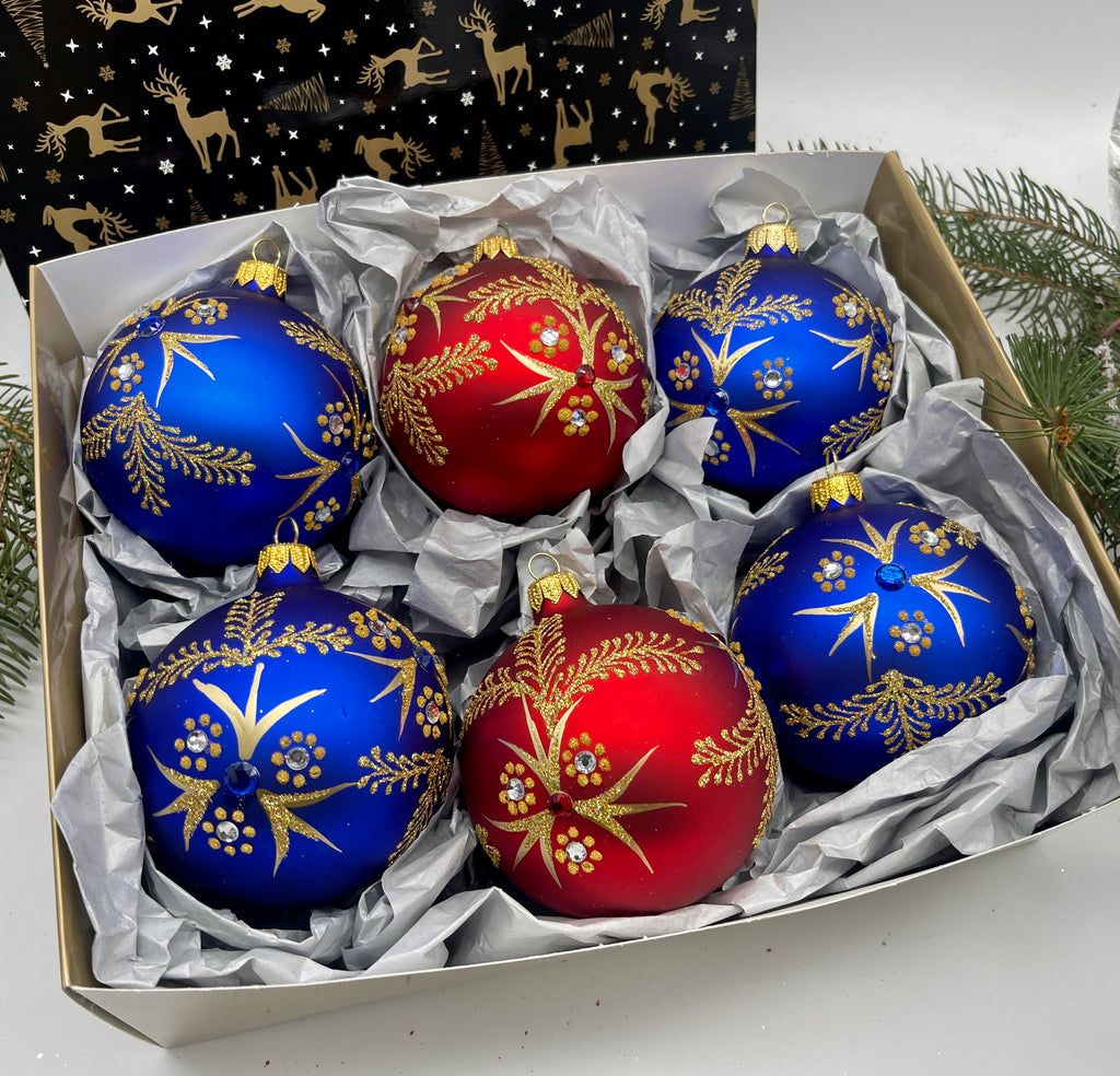 Set of red and blue Christmas glass balls, hand painted ornaments with gifted box, Handcrafted Xmas decorations ChristmasboxStore