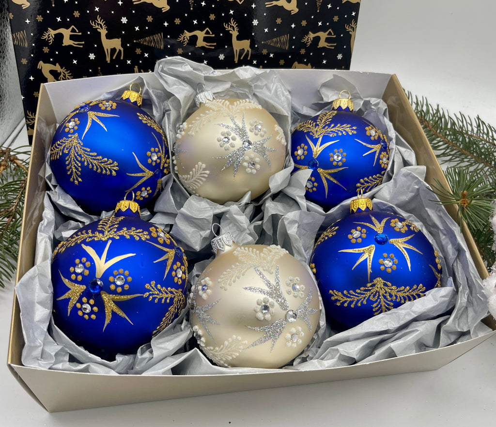 Set of blue and pink Christmas glass balls, hand painted ornaments with gifted box, Handcrafted Xmas decorations ChristmasboxStore
