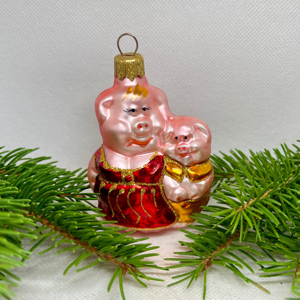 Mother Pig and Piglet Christmas glass ornament, Handmade Christmas figurines, Collectible Christmas decor, home decoration, Christmas gift 2025