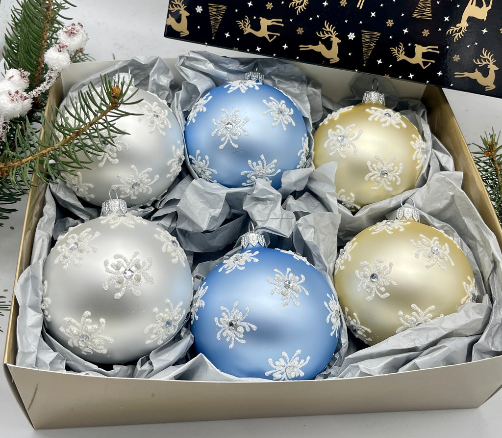 Set of gold,silver and blue Christmas glass balls, hand painted ornaments with gifted box, Handcrafted Xmas decorations ChristmasboxStore