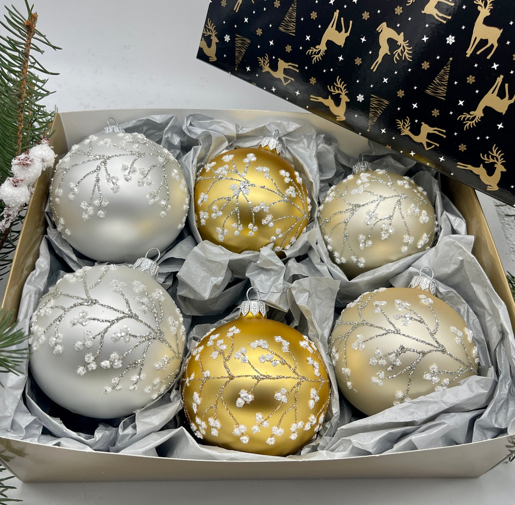 Set of gold,silver and beige Christmas glass balls, hand painted ornaments with gifted box, Handcrafted Xmas decorations ChristmasboxStore