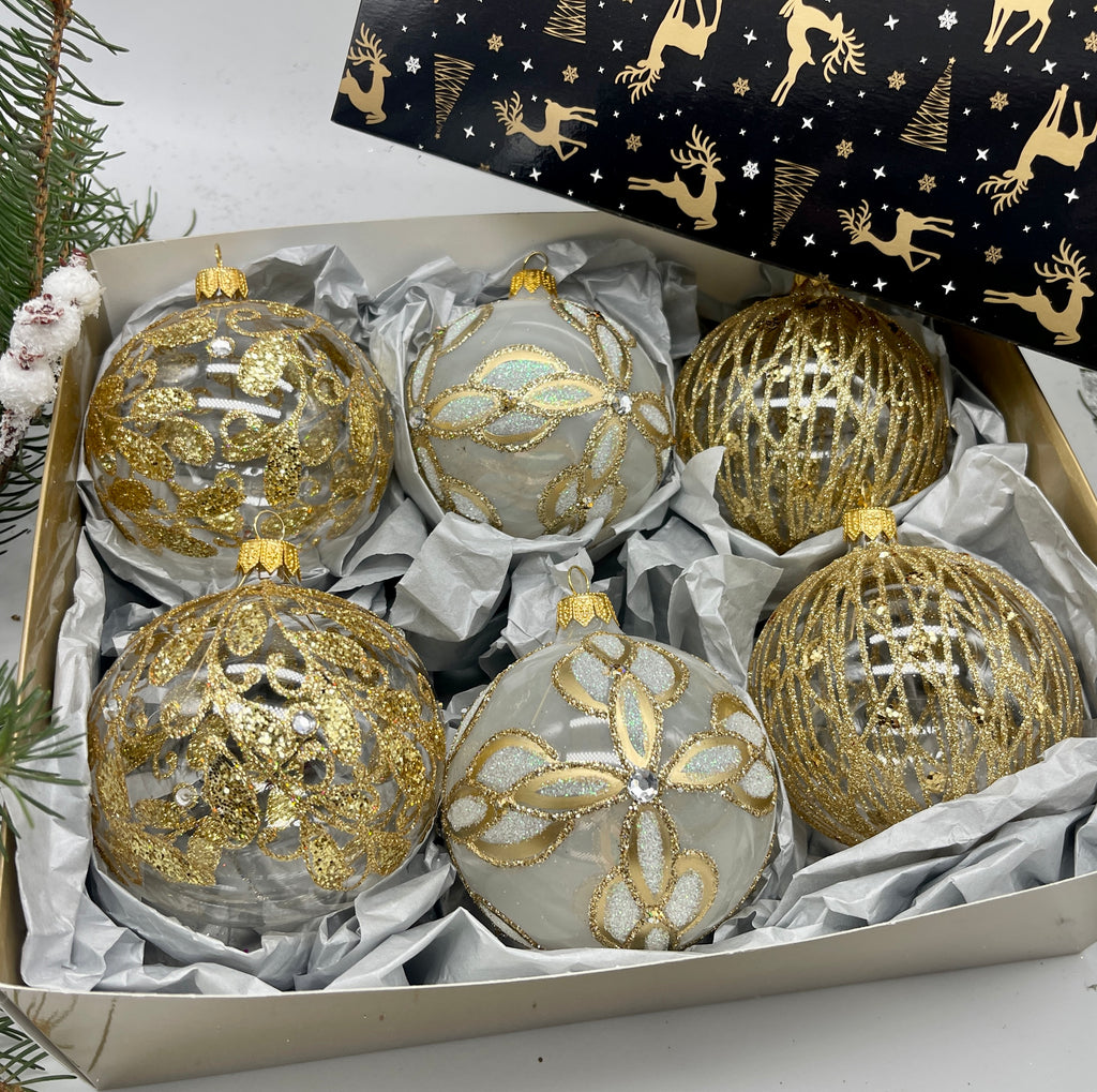 Set of transparent with gold glitter Christmas glass balls, hand painted ornaments with gifted box, Handcrafted Xmas decorations ChristmasboxStore