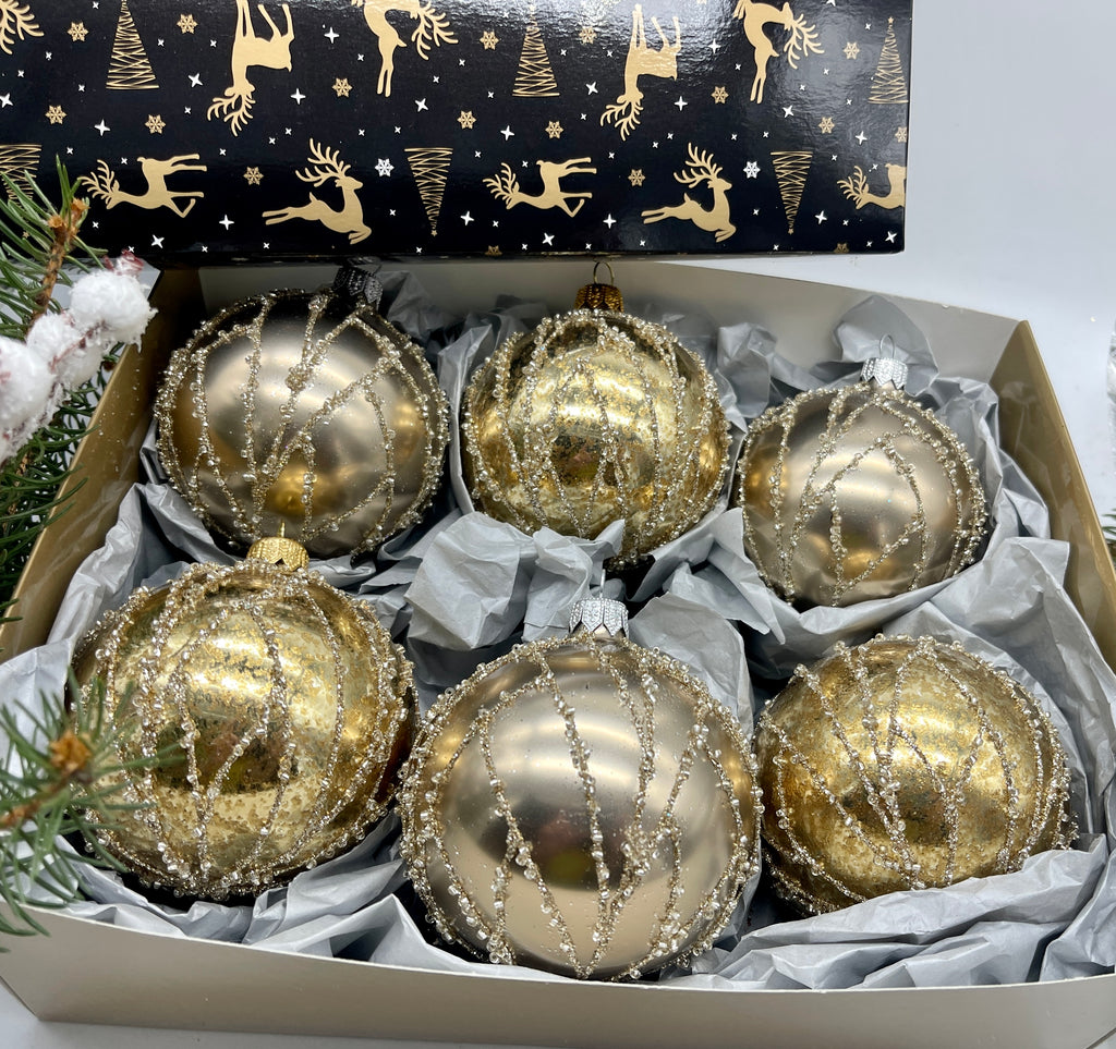 Set of 6 gold with glitter Christmas glass balls, hand painted ornaments with gifted box, Handcrafted Xmas decorations ChristmasboxStore