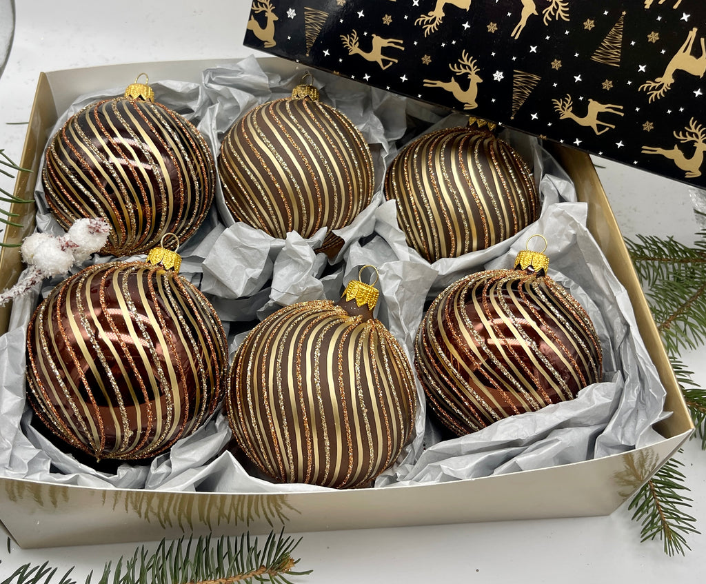 Set of 6 brown with glitter lines Christmas glass balls, hand painted ornaments with gifted box, Handcrafted Xmas decorations ChristmasboxStore