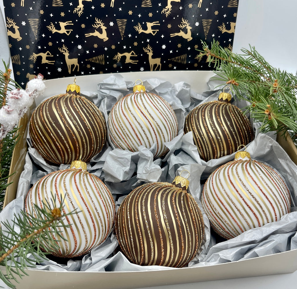 Set of brown and white with glitter lines Christmas glass balls, hand painted ornaments with gifted box, Handcrafted Xmas decorations ChristmasboxStore