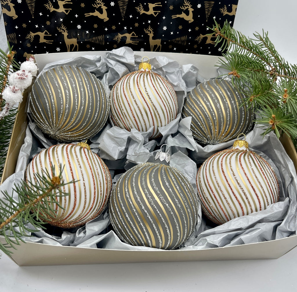 Set of gray and white with glitter lines Christmas glass balls, hand painted ornaments with gifted box, Handcrafted Xmas decorations ChristmasboxStore