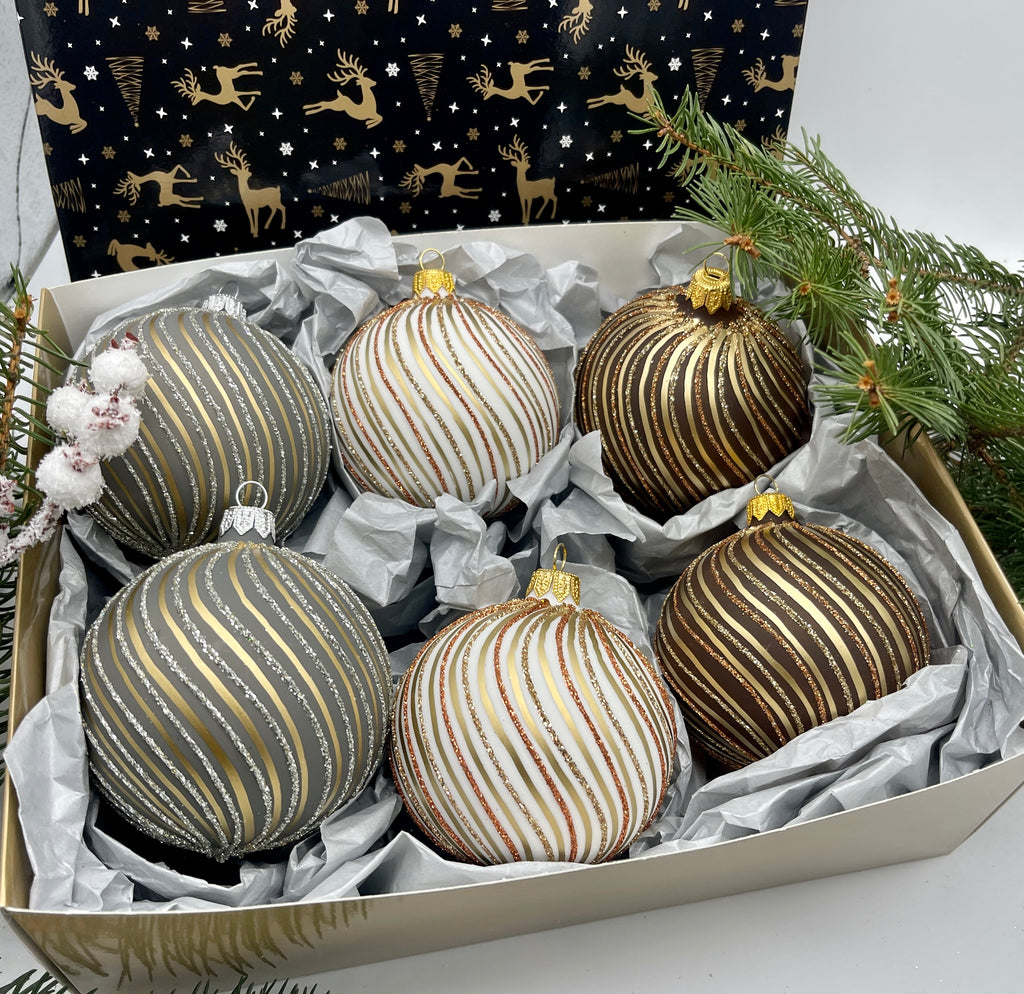 Set of brown,gray and white with glitter lines Christmas glass balls, hand painted ornaments with gifted box, Handcrafted Xmas decorations ChristmasboxStore