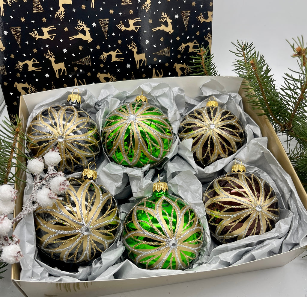 Set of green and brown Christmas glass balls, hand painted ornaments with gifted box, Handcrafted Xmas decorations ChristmasboxStore